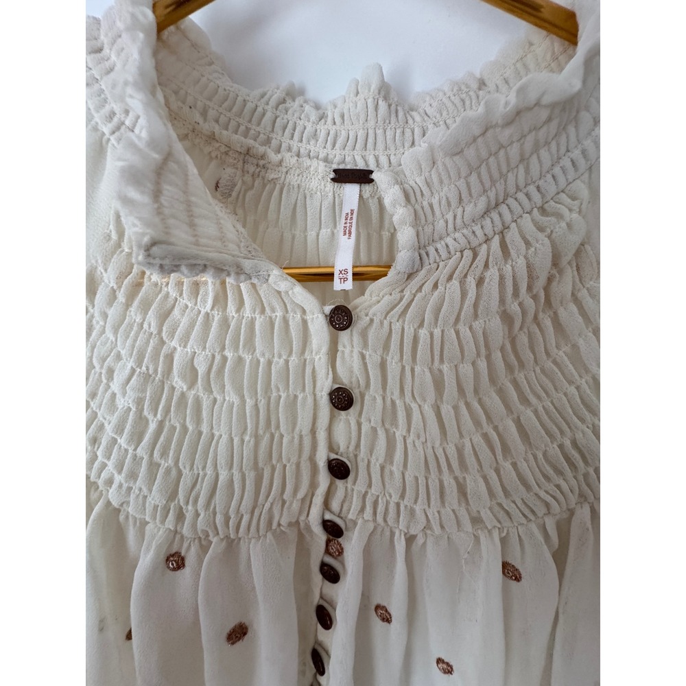 Free People XS Ivory Smocked High Neck Polka Dot Metallic Boho Blouse Top